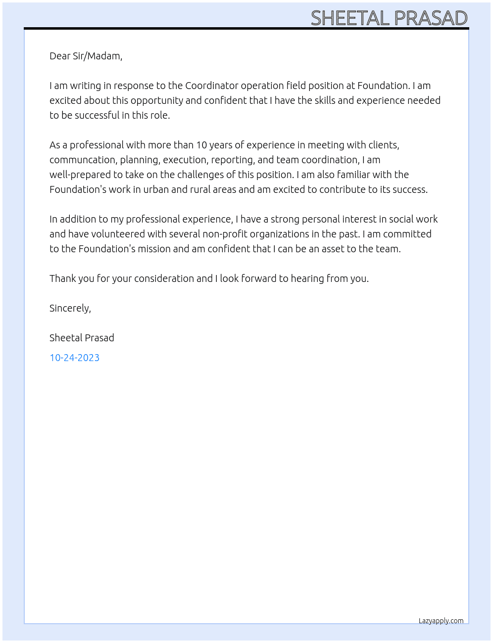 Coordinator operation field At Foundation Cover Letter
