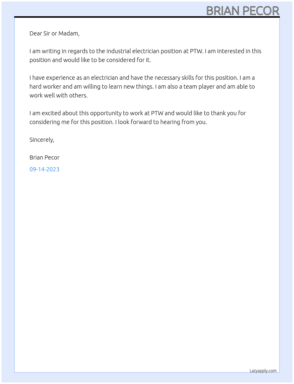 industrial electrician At PTW Cover Letter