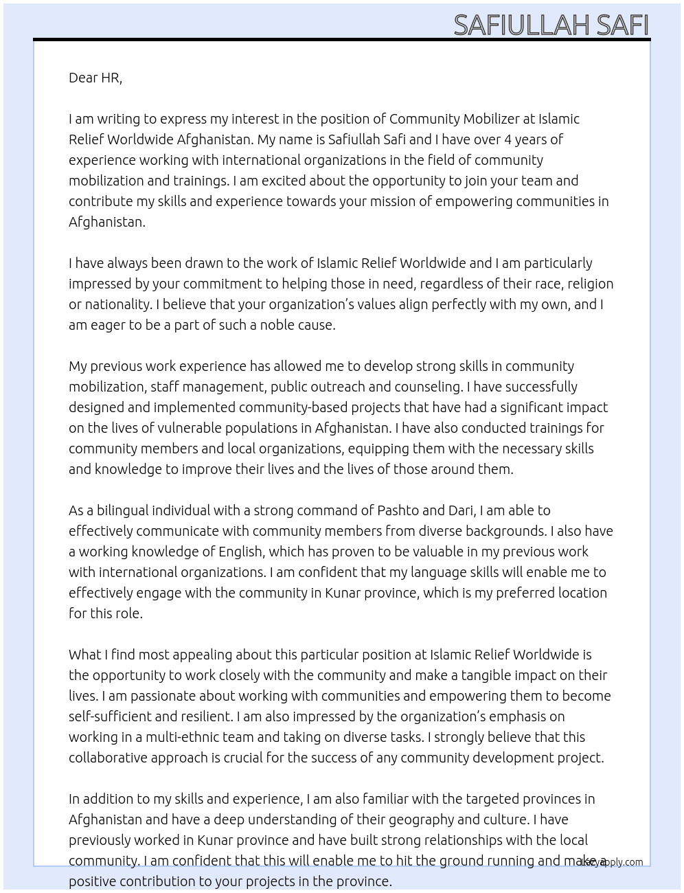 Community Mobilizer  At 	Islamic Releif worldwide Afghanistan Cover Letter