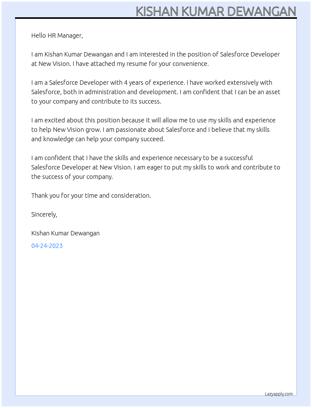 Salesforce Developer At New Vision Cover Letter
