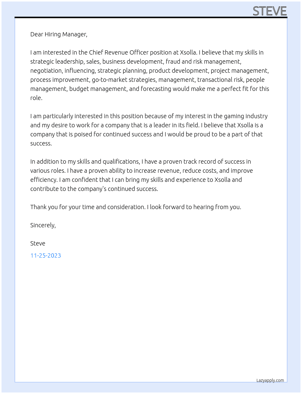 Chief Revenue Officer At Xsolla Cover Letter
