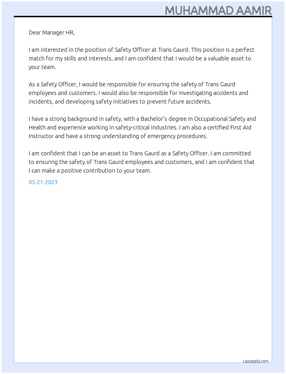 Safety Officer At Trans Gaurd Cover Letter