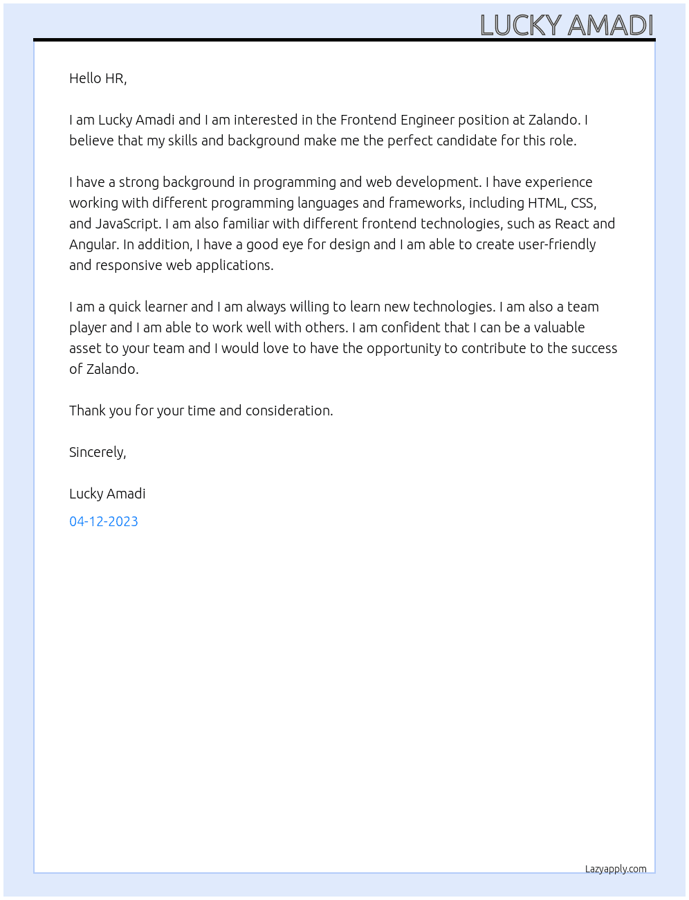 Frontend Engineer At Zalando Cover Letter