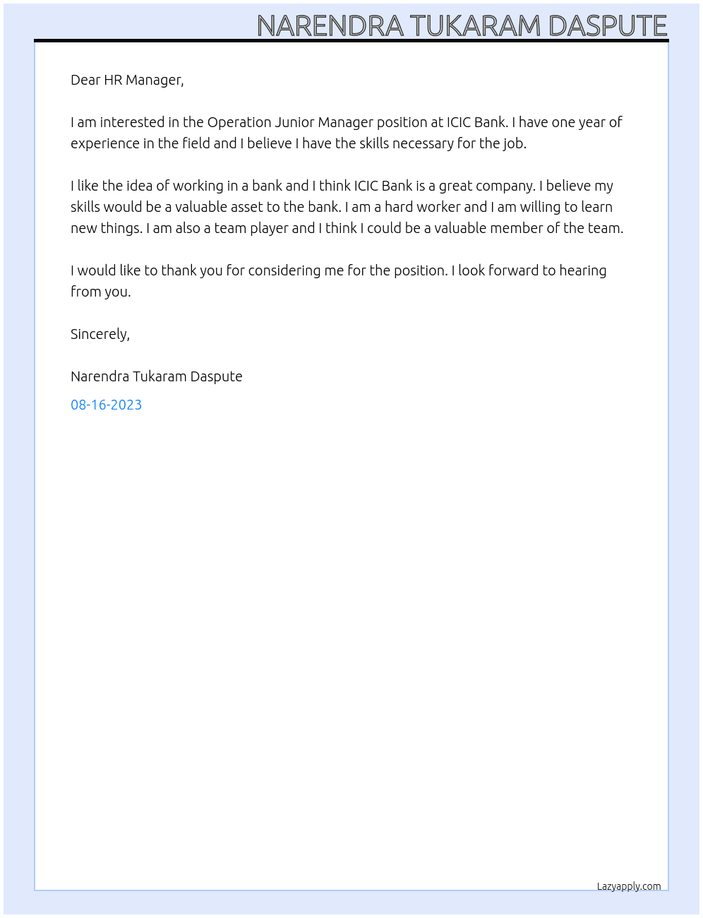 Operation Junior Manager At ICIC Bank Cover Letter