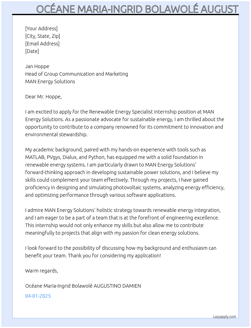 Renewable energy specialist  At Man Energy Solutions  Cover Letter