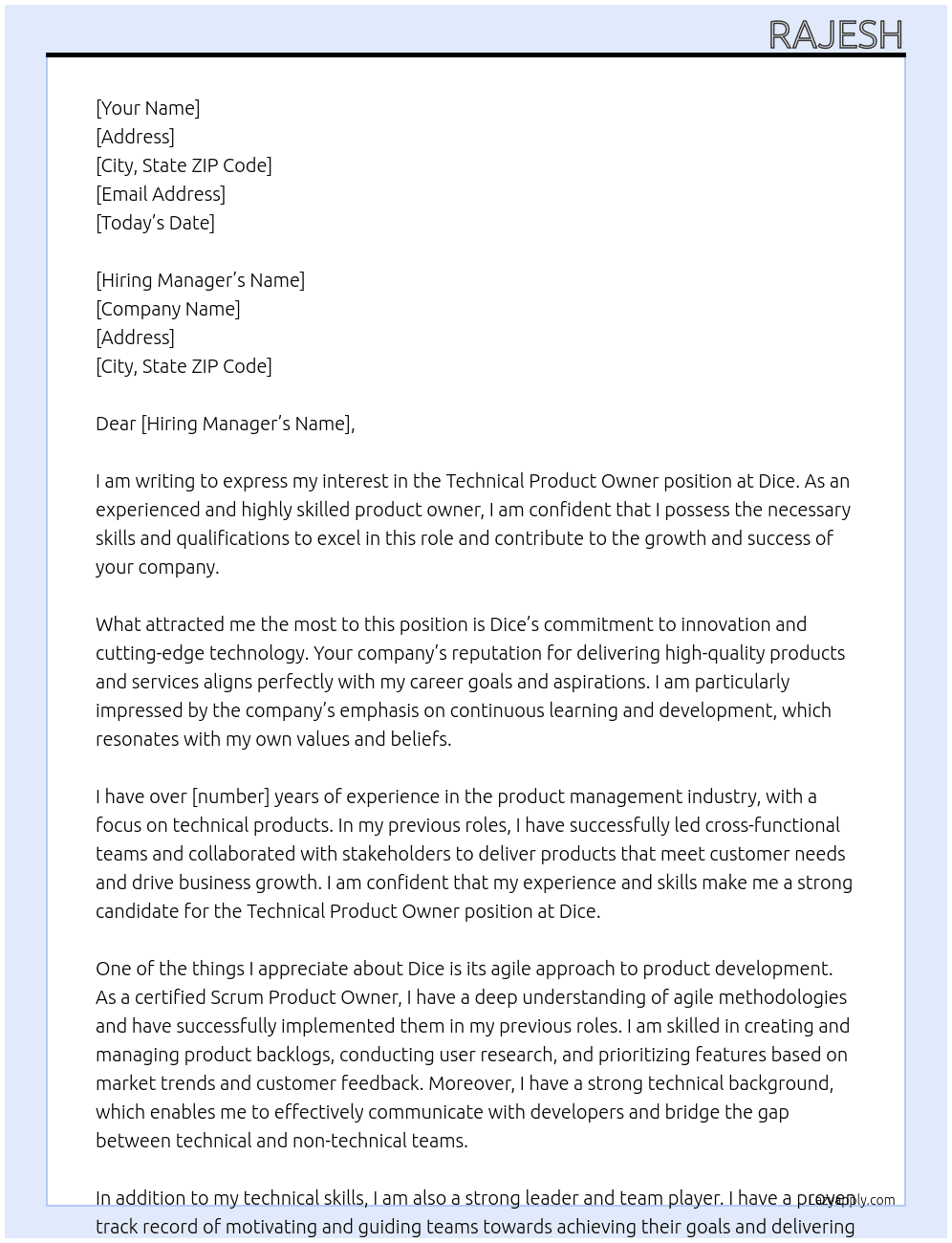 Technical Product owner At Dice Cover Letter