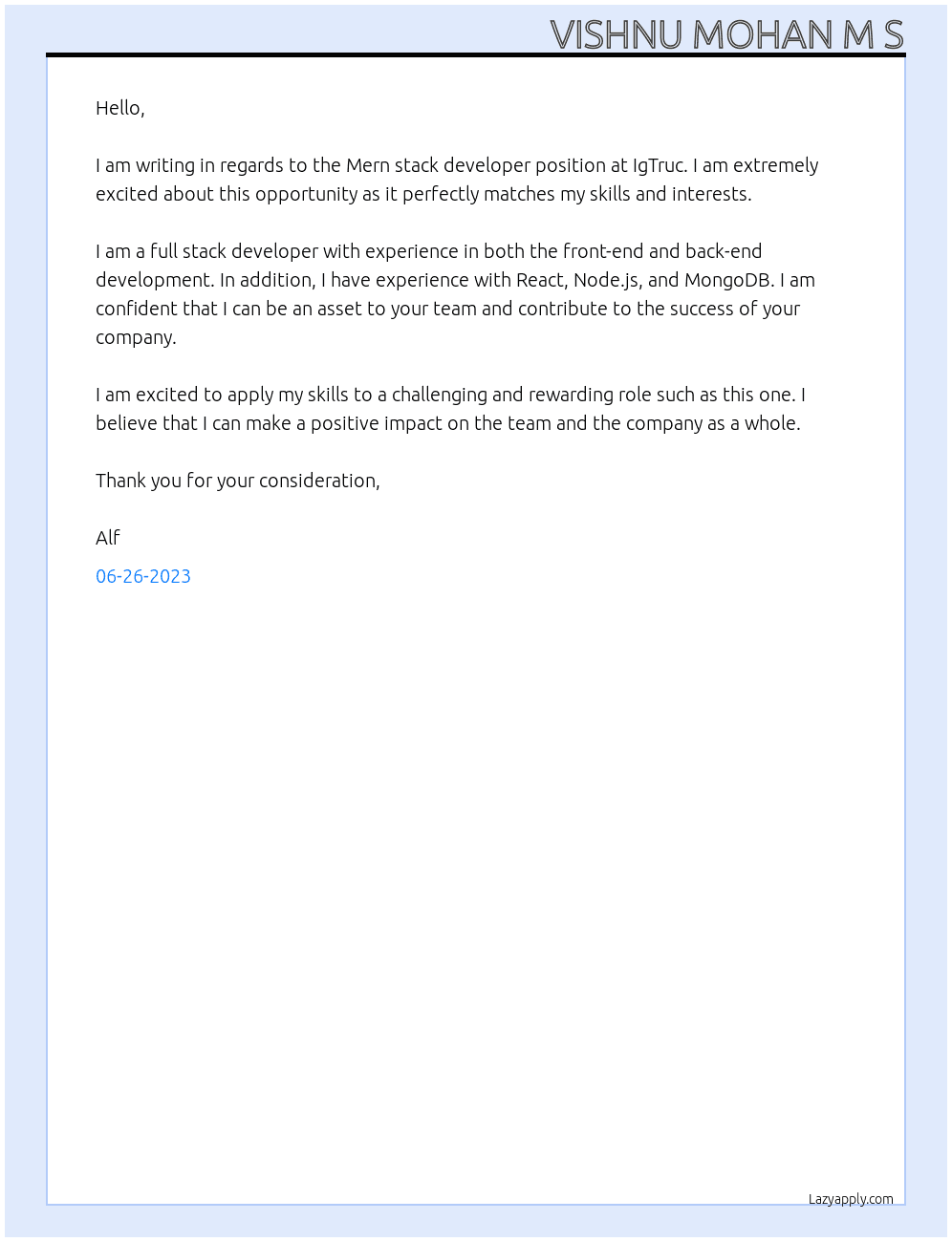 Mern stack develoeper  (Full Stack) At igtruc Cover Letter