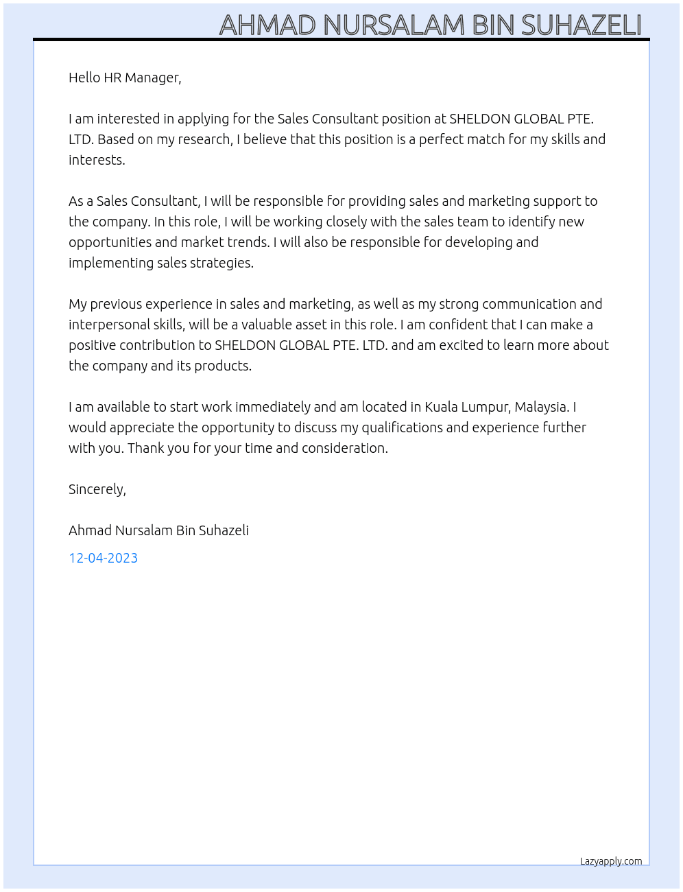 Sales consultant  At SHELDON GLOBAL PTE. LTD. Cover Letter
