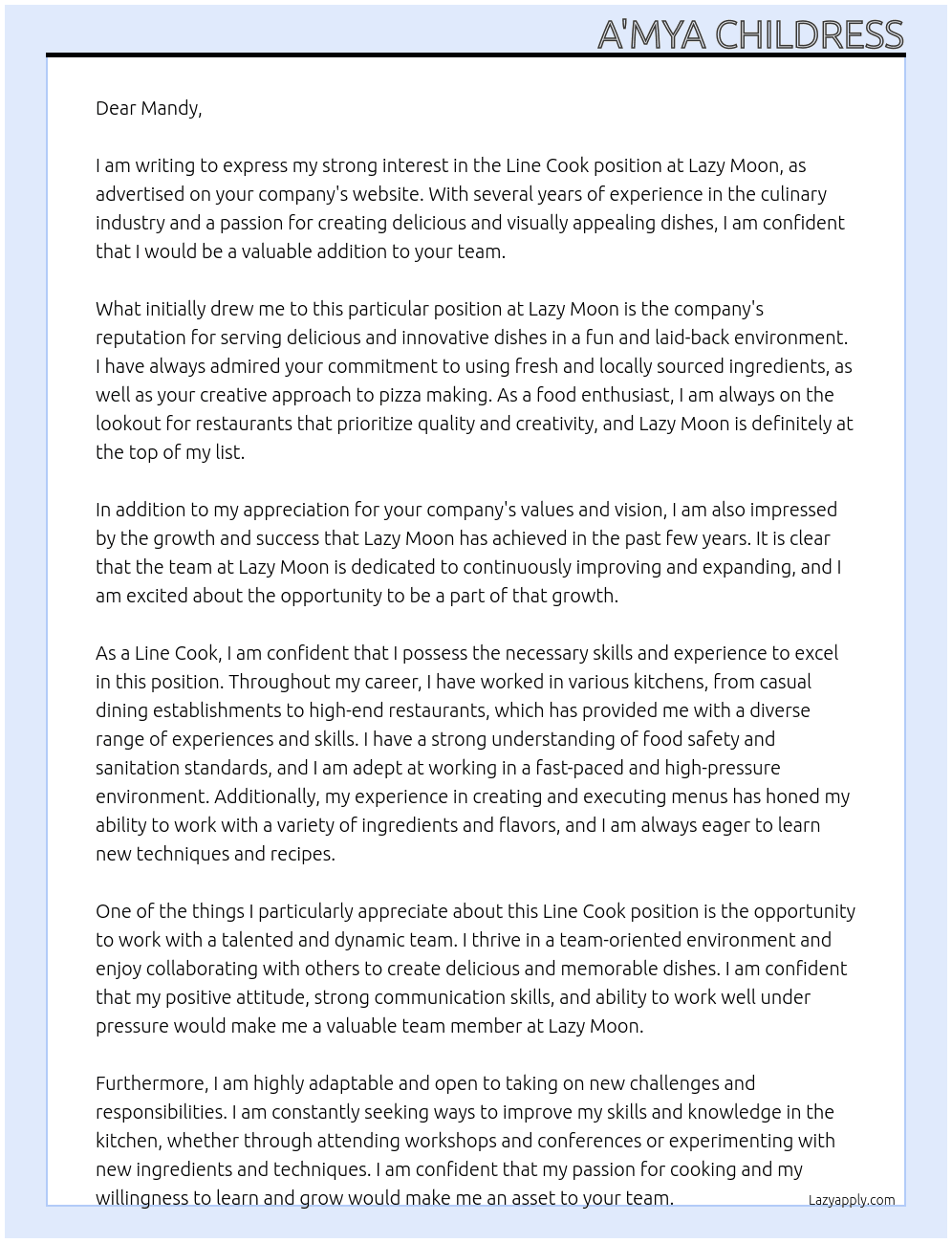 Line Cook At Lazy Moon Cover Letter