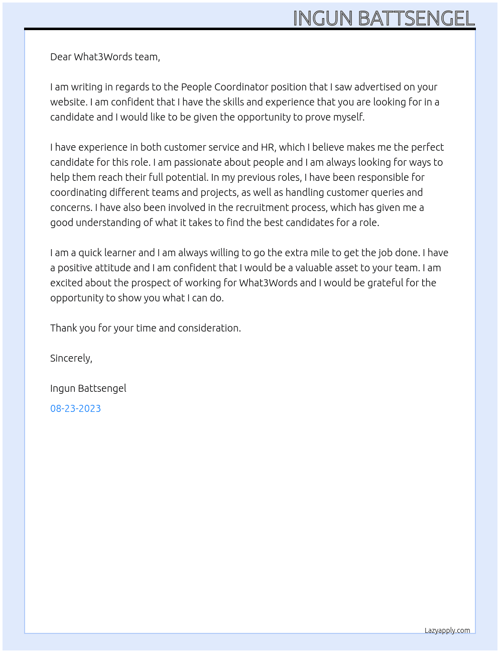 People Coordinator At What3Words Cover Letter