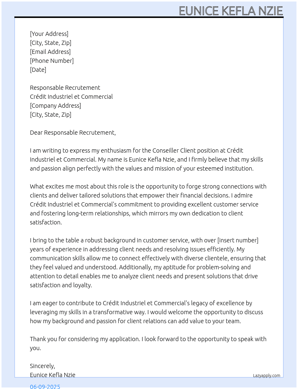 Conseiller client At Crédit Industriel et Commercial Cover Letter