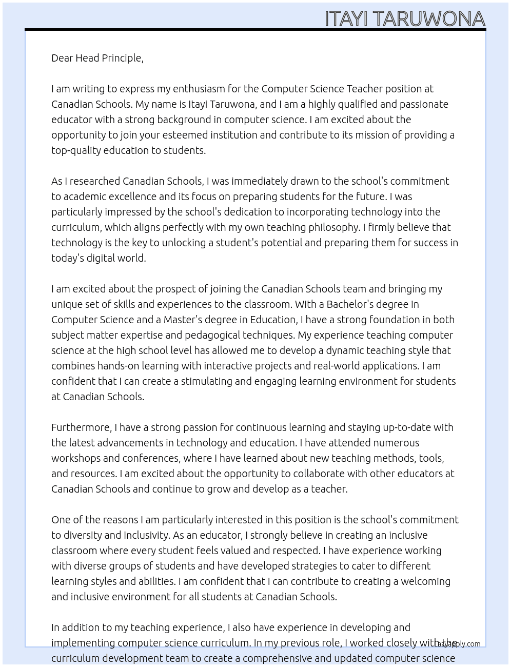 Computer Science  Teacher At Canadian Schools  Cover Letter
