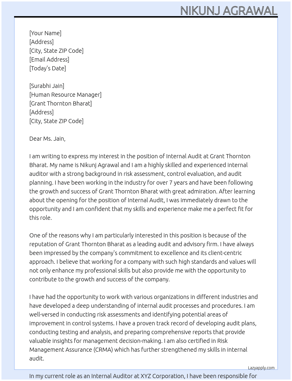 internal audit  At Grant Thornton Bharat Cover Letter