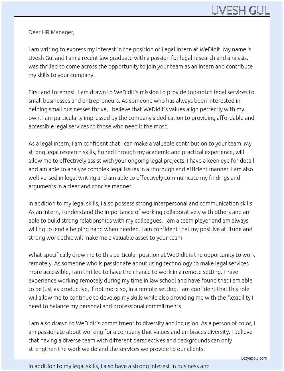 Legal Intern At WeDidIt Cover Letter