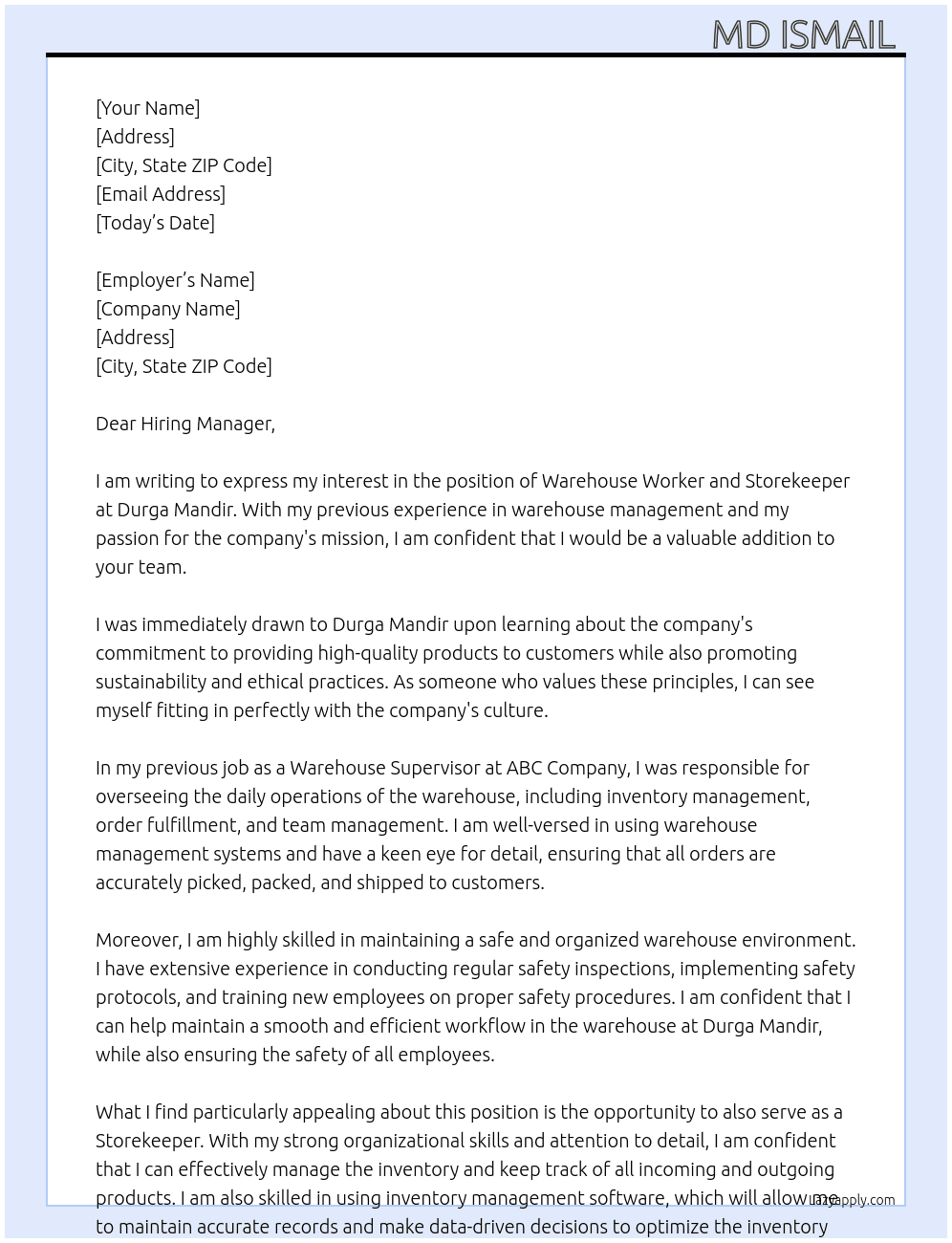 Warehouse worker and Storekeeper  At Durga mandir  Cover Letter