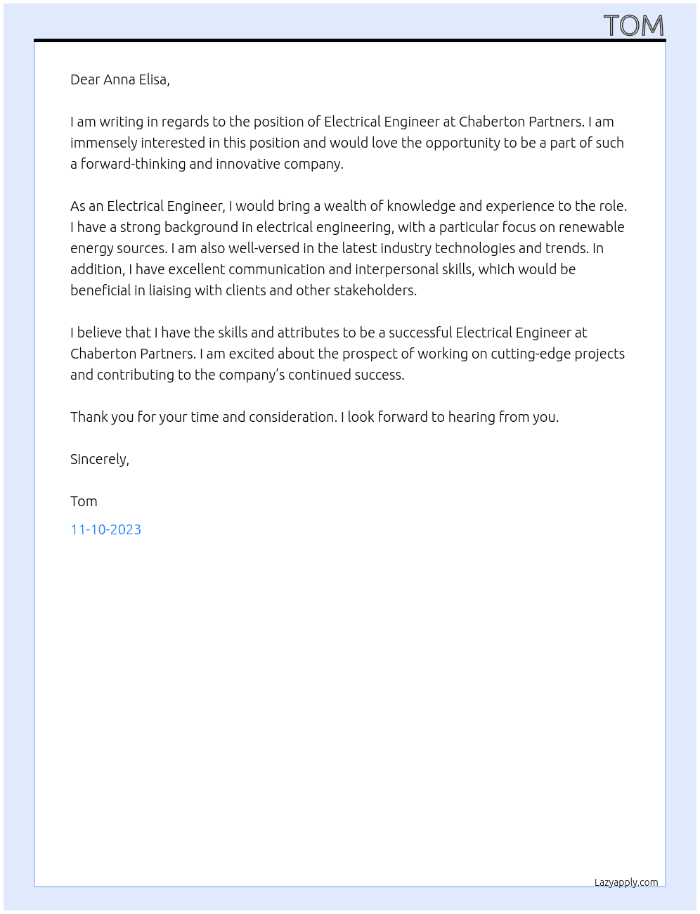 Electrical Engineer At Chaberton Partners Cover Letter
