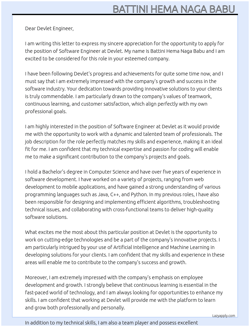 Software engineer  At Devlet Cover Letter