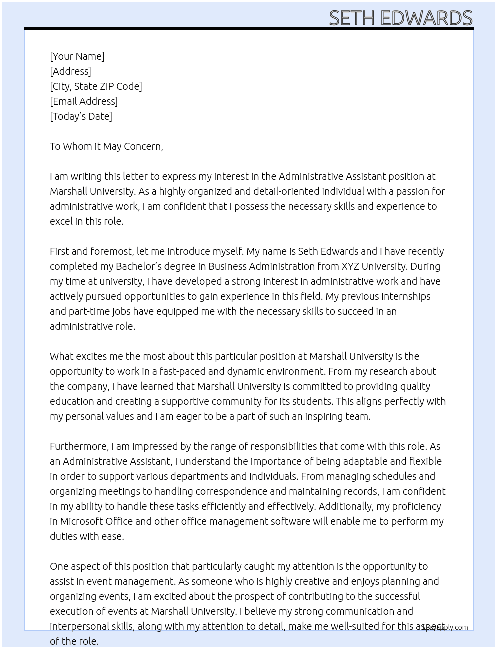 Administrative Assistant At Marshall University Cover Letter