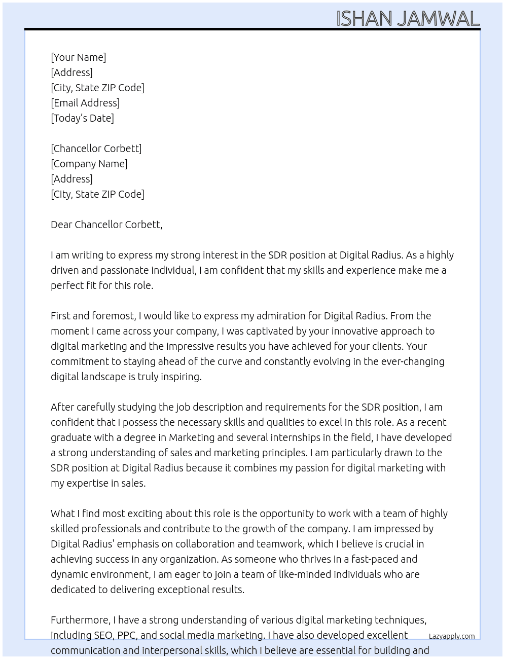 SDR At digital radius Cover Letter