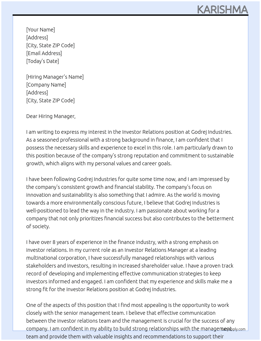 Investor Reations At Godrej Industries Cover Letter