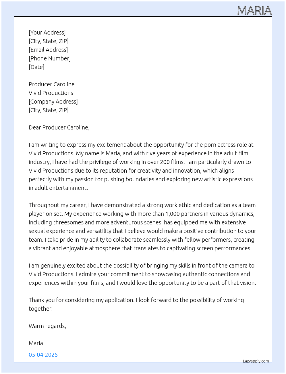 porn actress  At Vivid Productions Cover Letter
