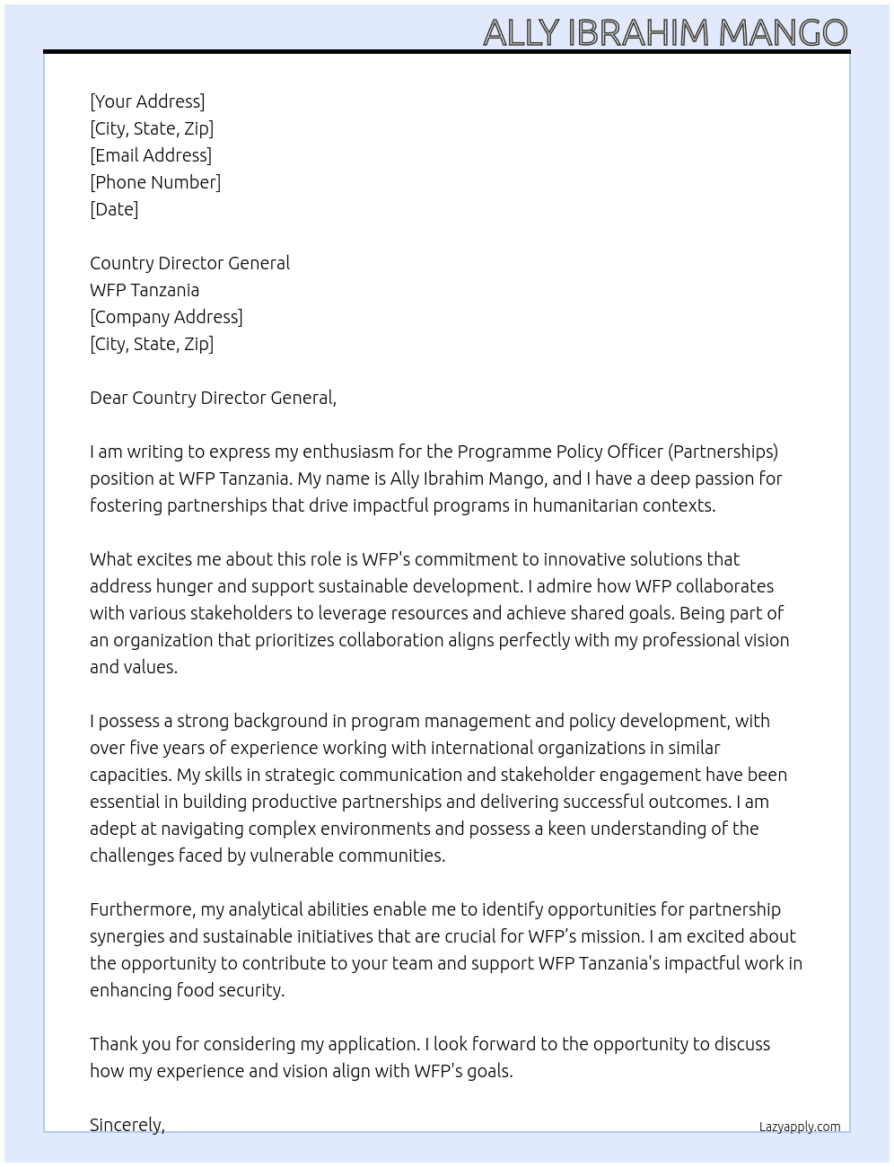 Programme Policy Officer ( Partinerships) At WFP Tanzania Cover Letter