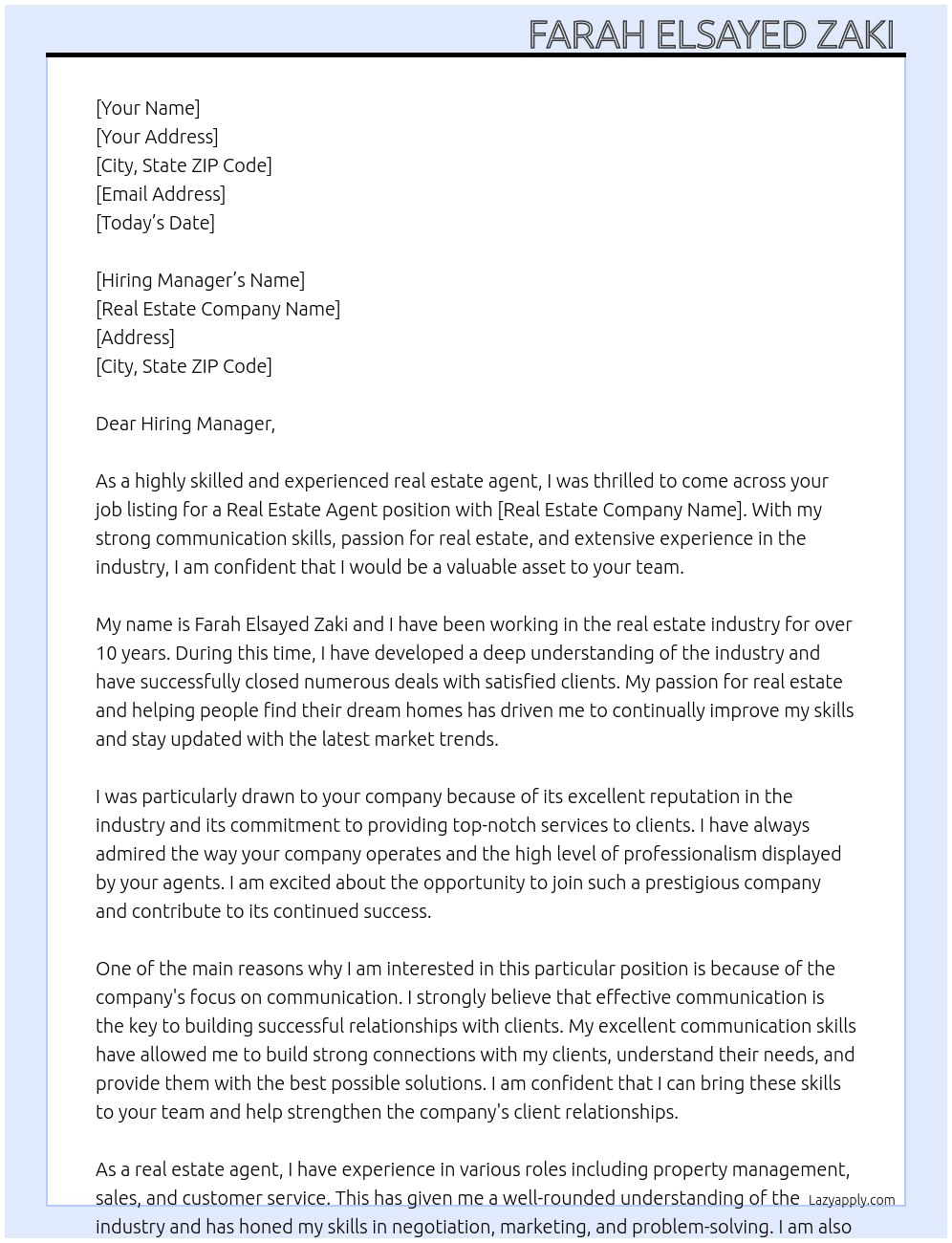 Real estate agent At Real estate company Cover Letter
