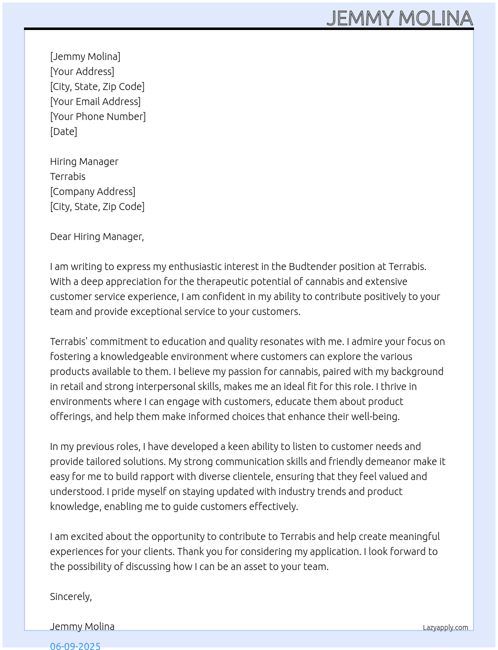 Budtender At Terrabis Cover Letter
