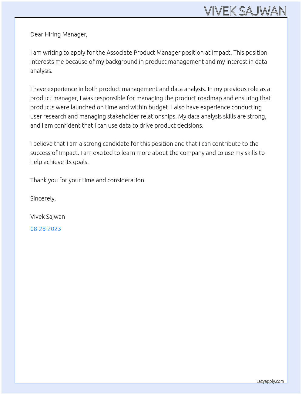 Associate Product Manager At Impact Cover Letter