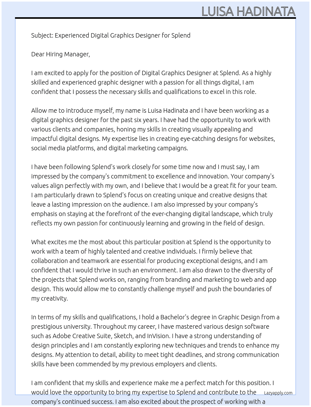 Digital Graphics Designer At Splend Cover Letter