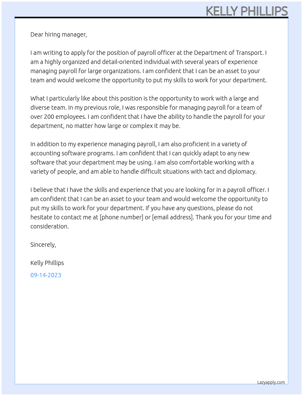 Payroll officer  At Department of transport  Cover Letter