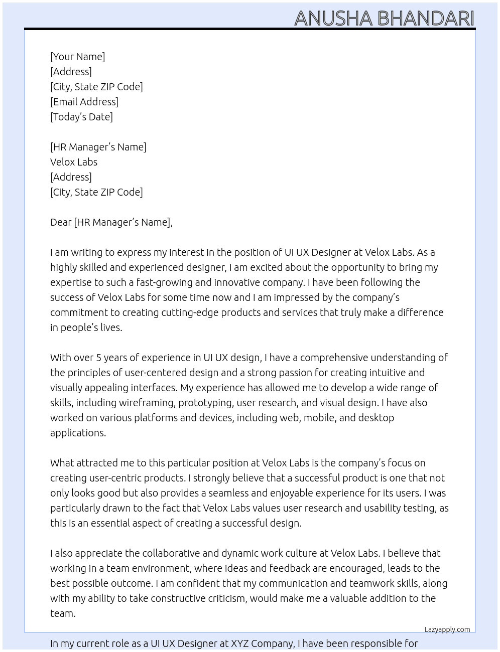 UI UX Designer At velox labs Cover Letter