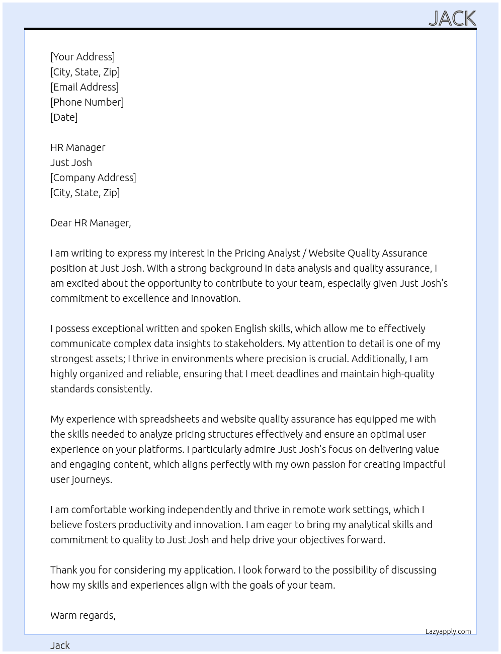 Pricing Analyst / Website Quality Assurance At Just Josh Cover Letter