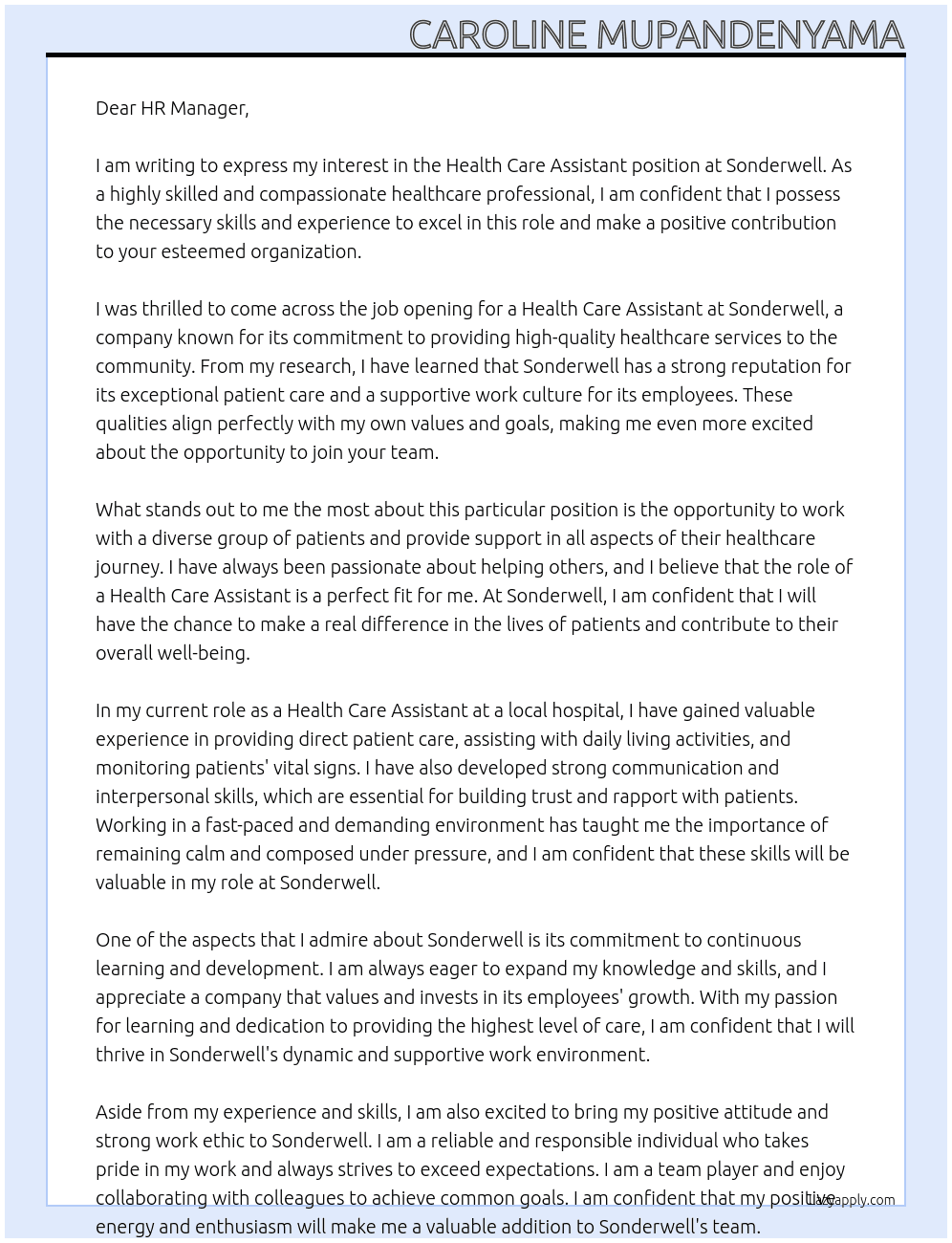 Health care assistant  At Sonderwell Cover Letter