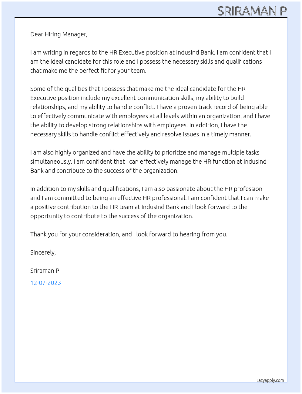 Hr Executive At IndusInd Bank Cover Letter