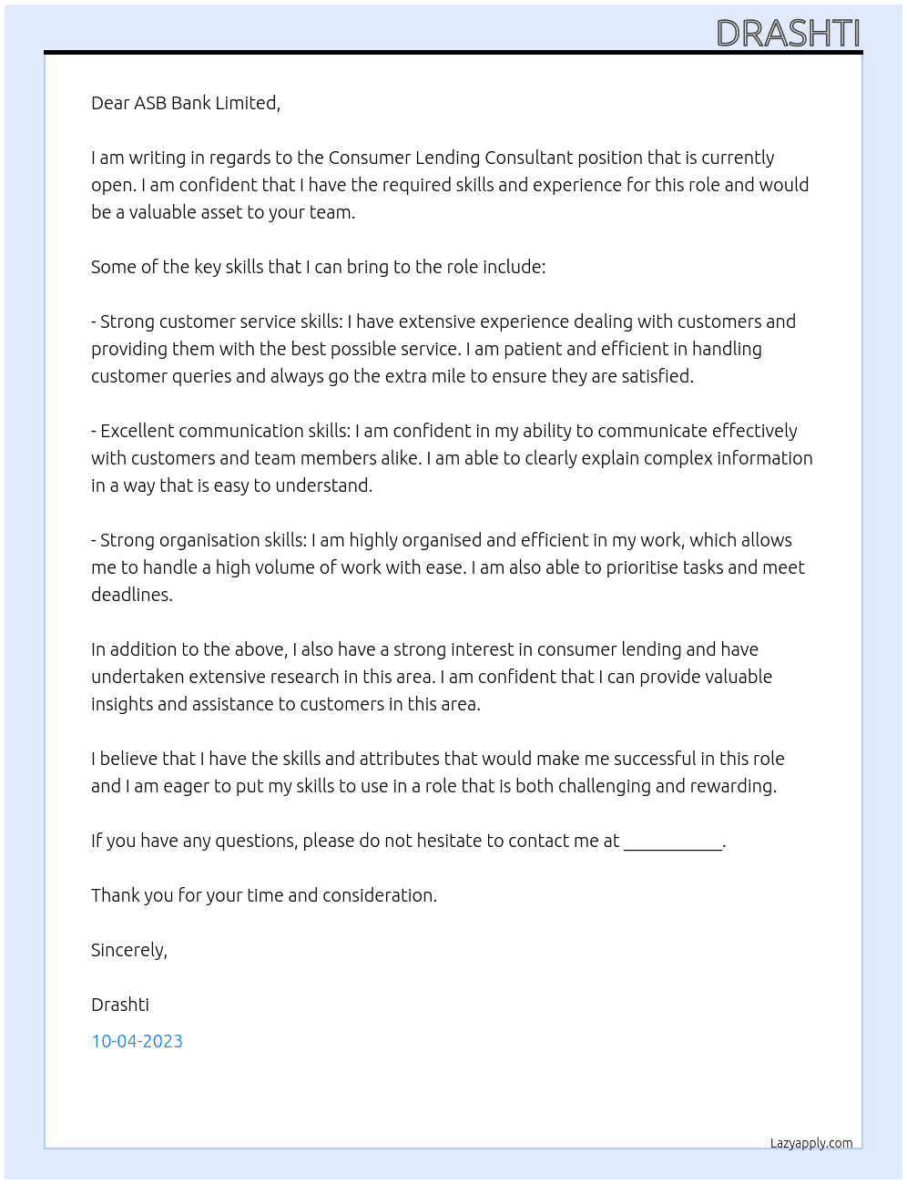 Consumer Lending Consultant At ASB Bank Limited Cover Letter