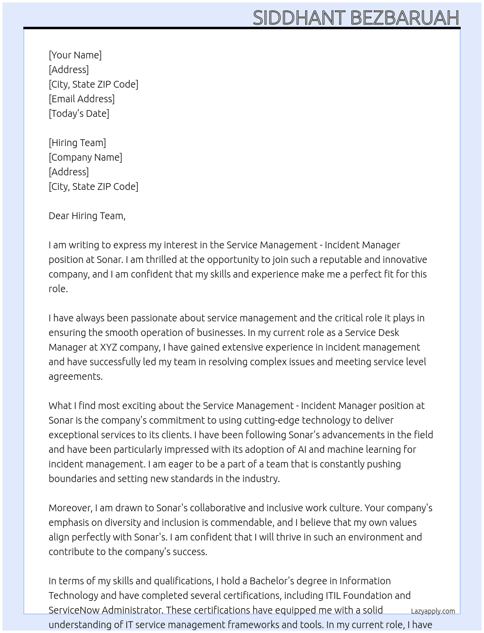 Service Management - Incident Manager At Sonar Cover Letter
