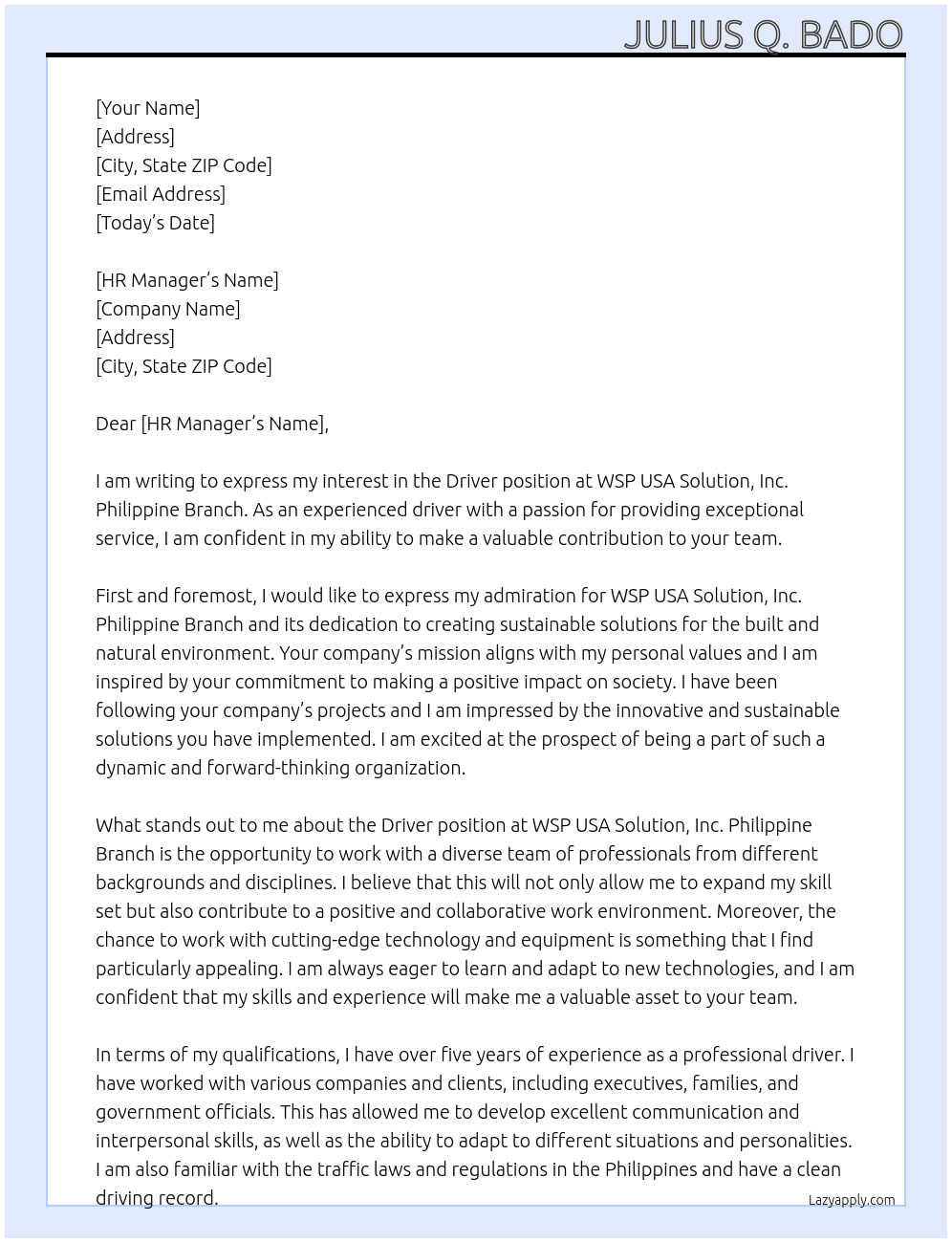 Driver At WSP USA SOLUTION, INC. PHILIPPINE BRANCH Cover Letter