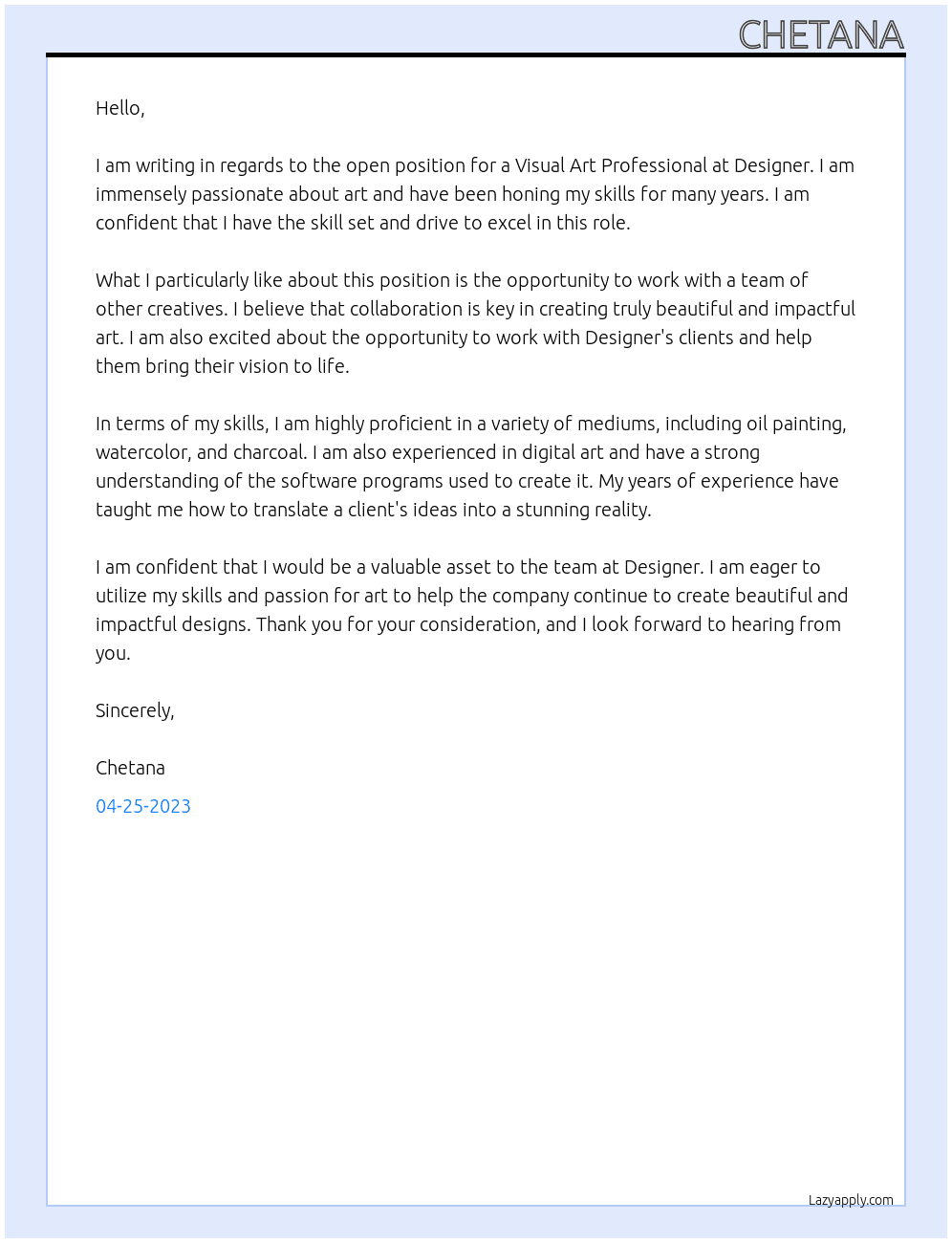 Visual Art Professional At Designer Cover Letter