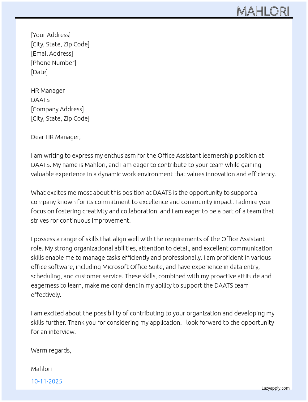 Office Assistant learnership  At DAATS Cover Letter