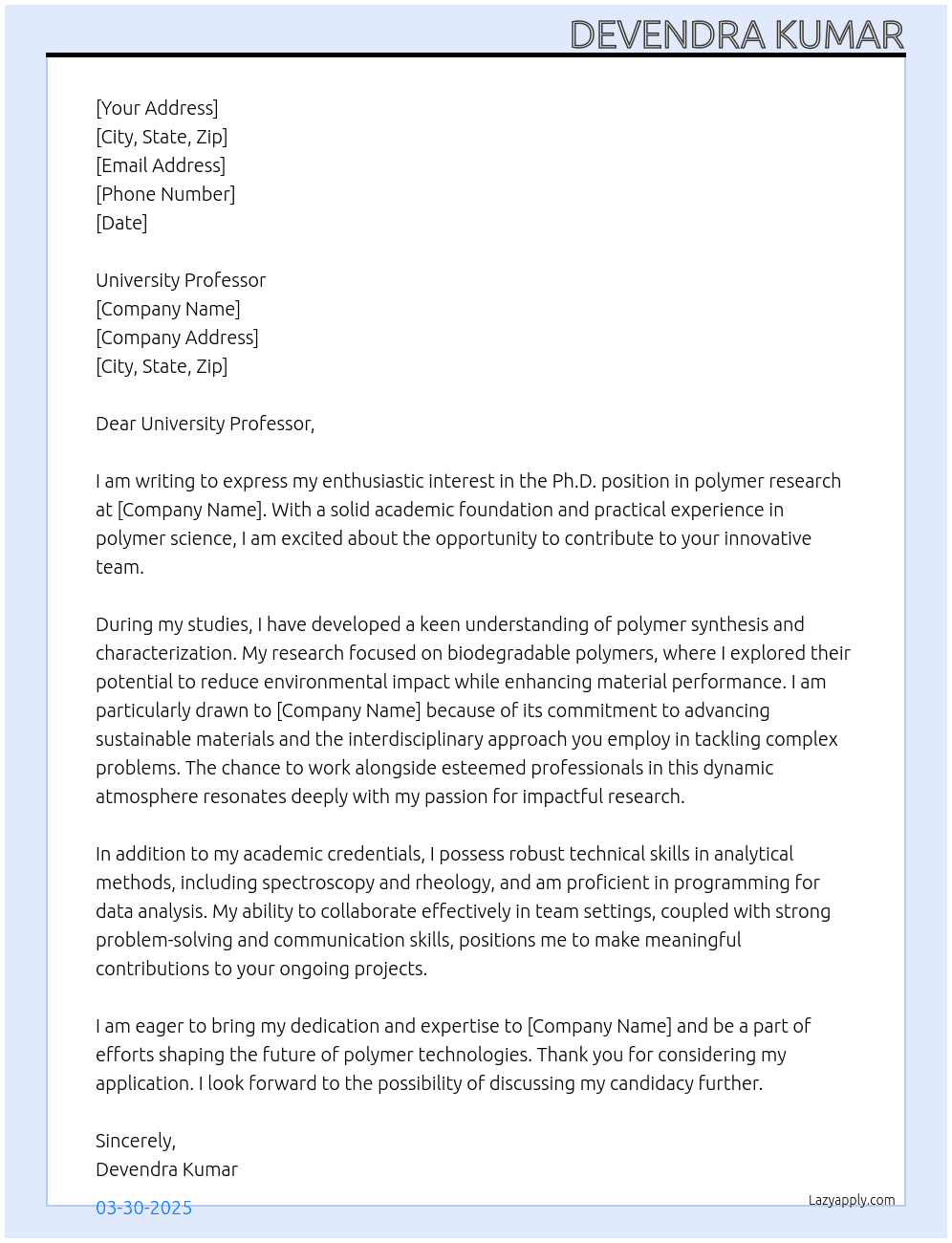 Polymer researcher At Ph.D position  Cover Letter