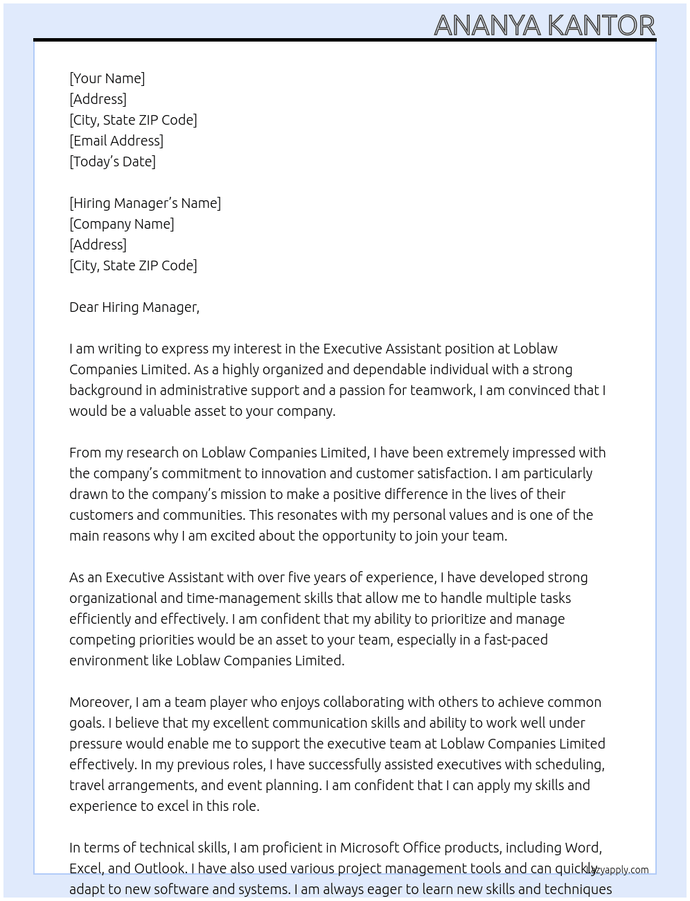 Executive Assistant  At Loblaw Companies Limited  Cover Letter