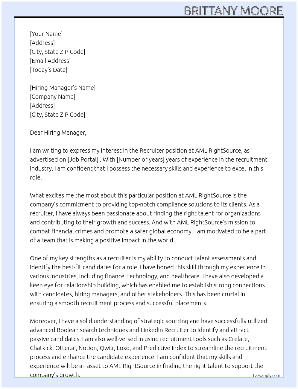 Recruiter At AML RightSource Cover Letter