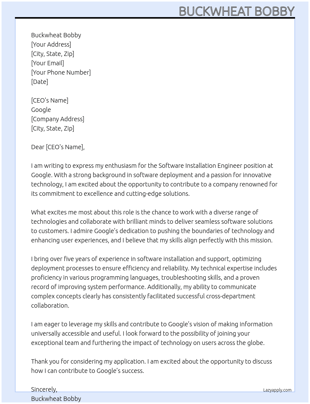 Cover letter for software installation engineer - LazyApply