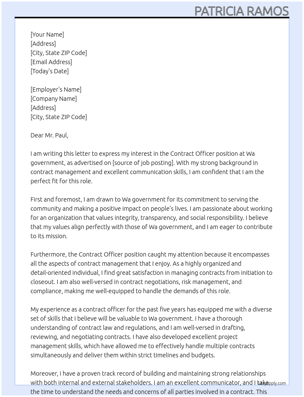Contract officer At Wa government  Cover Letter
