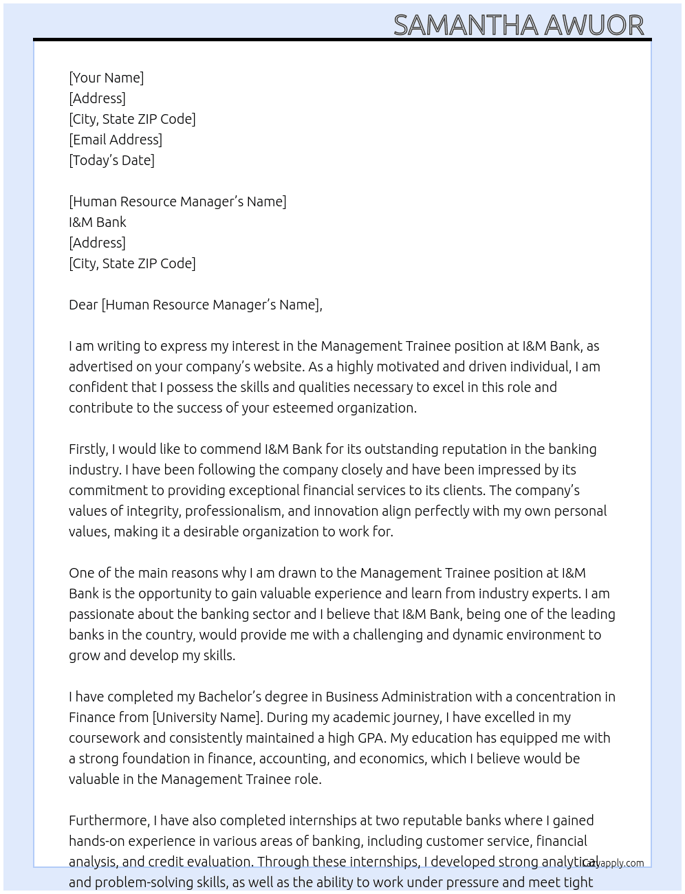 Management Trainee  At I&M Bank Cover Letter