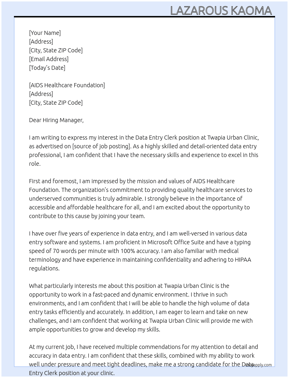 data entry clerk At Twapia urban clinic Cover Letter