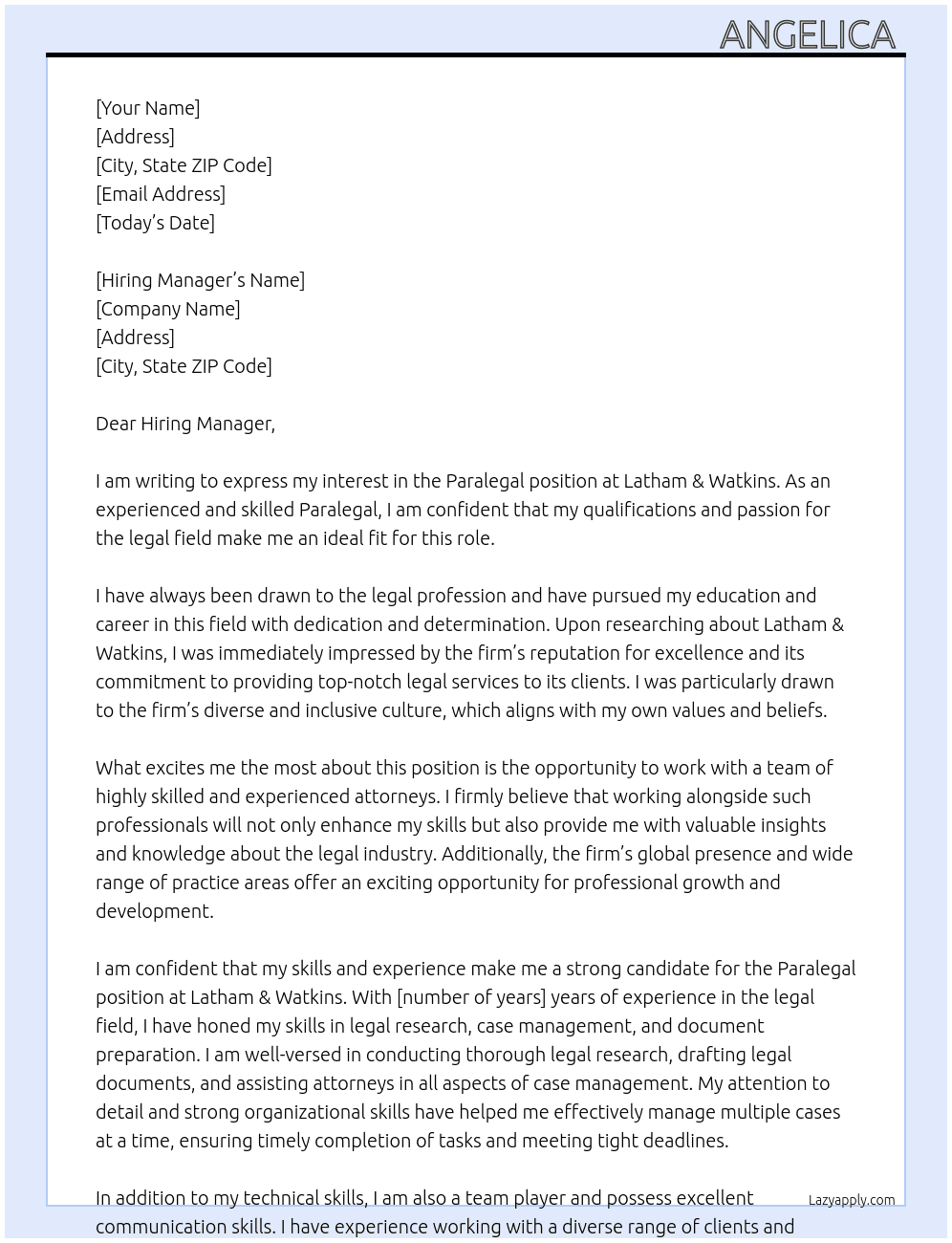 Paralegal  At Latham & Watkins Cover Letter