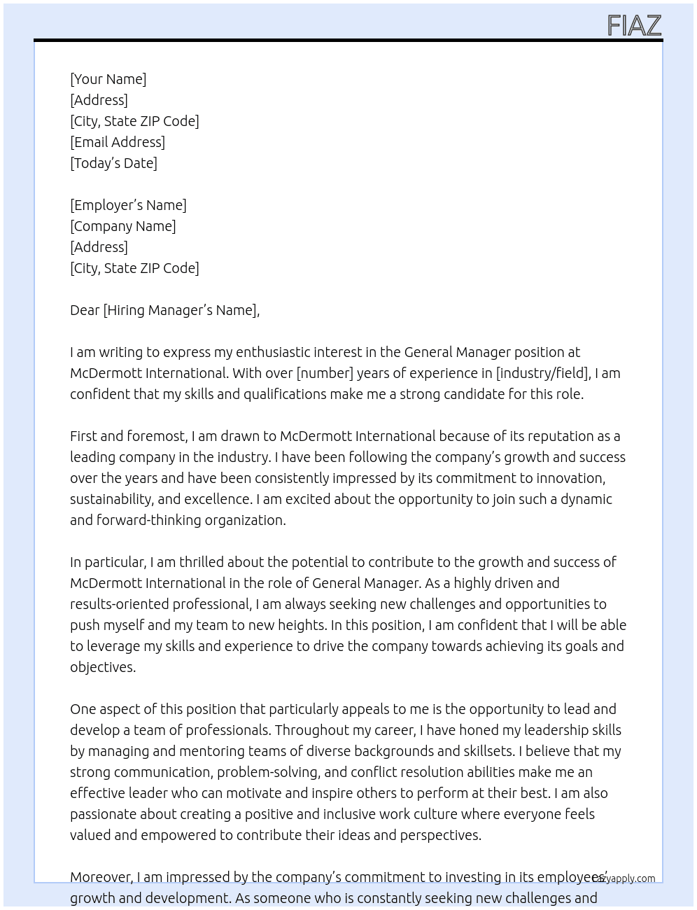 General Manager At McDermott International Cover Letter