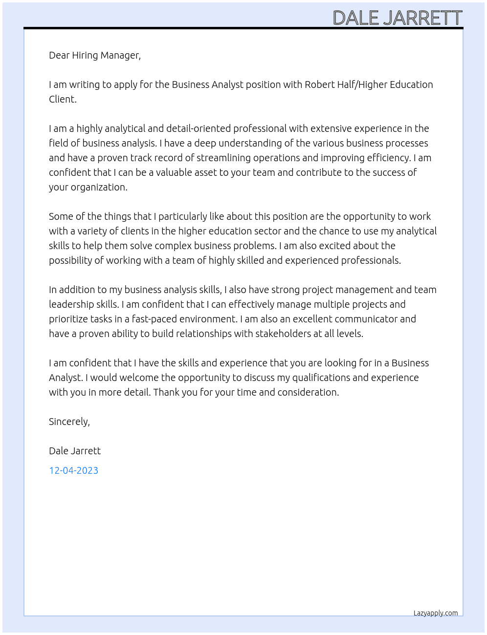 Business Analyst At Robert Half/Higher Education Client Cover Letter